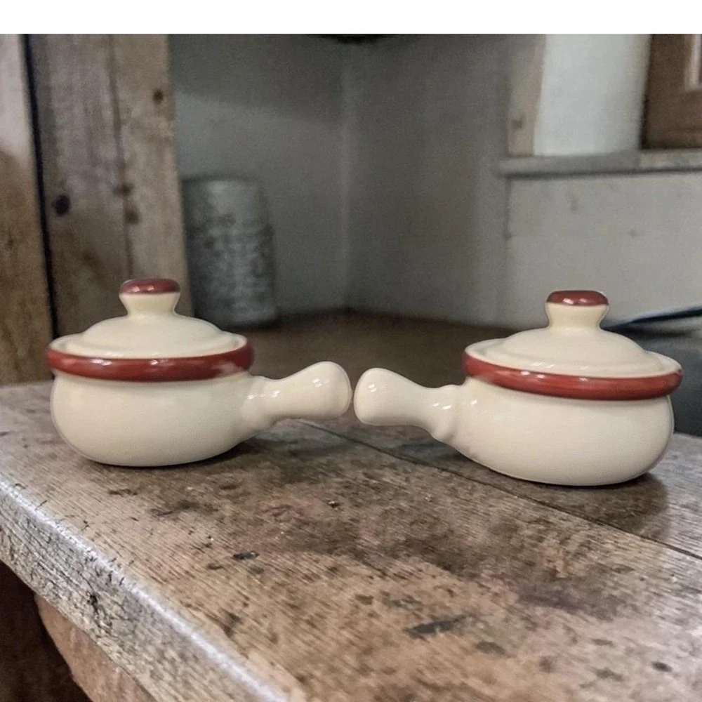 Ceramic Soup Bowls With Handles & Lids, Set of 2, Replacement Cream/Brown Crocks